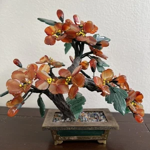 Vintage Chinese Jade Glass Stone Bonsai Flower Tree Brass base 8” Tall - Picture 1 of 7