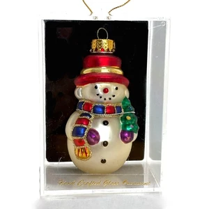 Vintage Schneemann handbemalt mundgeblasen Glas Ornament mit Acryl Etui Weihnachten - Bild 1 von 1