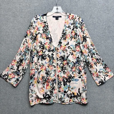 French Connection Delphine Crepe Mix Top Floral Zipper V Neck S Asian Inspired - Image 1 of 4