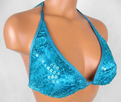 Top de bikini Sauvage con lentejuelas de moda malla azul pequeño #4191L Foto 1 de 4