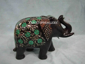 7 " Elegantes Schwarz Marmor Elefant Statue Malachit Stein Blumen Inlay Kunst - Picture 1 of 7