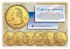 2009 DC US TERRITORIES Quarters 24K GOLD PLATED 6-Coin Set STATEHOOD w/Capsules - Picture 1 of 1