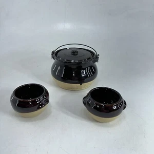 Bohemian Brown Tan Bean Pot Stoneware Kitchen Pot w/ Lid & 2 Sm Stoneware Bowls - Picture 1 of 14