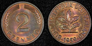 BRD 1959 J 2 Pfennig REGENBOGENTONUNG BU MÜNZE KM# 106 (790) - Bild 1 von 3