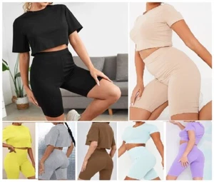 2 pcs Set Women's ladies short sleeve cropped top summer sports casual Co-Ord UK - Picture 1 of 16