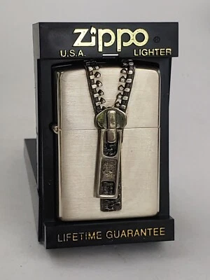 Zippo SILVER PLATED Lighter w/ ZIPPER on Face of Lighter - May (E) 2003 - NEW! - Image 1 of 4