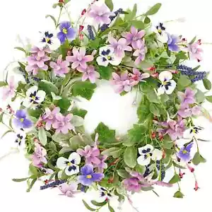 Spring Wreaths for Front Door Summer Wreath with Pansy Flower,Lamb Ear Leaves,Iv - Picture 1 of 4