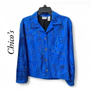 Vintage Chicos verzierte blaue Seide Perlen Jacke Größe 0 (Größe 4) gebraucht, in einwandfreiem Zustand - Bild 1 von 9