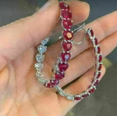 5.21CT Heart Cut Simulated Ruby Women's Long Hoop Earrings 14k White Gold Plated - Image 1 of 4