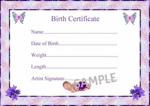 LILAC BIRTH CERTIFICATE/CERTIFICATES GIRL/BOY 4 REBORN FAKE BABY approx 7"x 5" - Picture 1 of 1