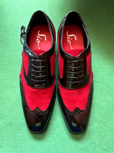 Oxford Sio Para Hombres 2 Tonos Rojo Gamuza/Cuero Negro Liso Punta de Ala "Rojo Brighton-005" - Imagen 1 de 5