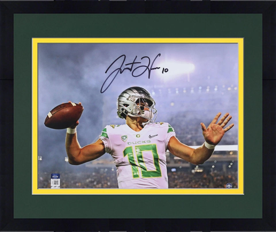 Framed Justin Herbert Oregon Ducks Signed 16" x 20" Smoke Warm Up Photograph - Image 1 of 1