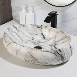 Fregadero de baño mármol cerámica lavabo sobre encimera mezclador ovalado grifo negro - Imagen 1 de 10