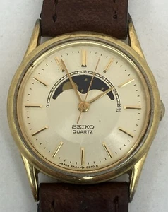 VTG Seiko Moonphase Watch Womens 2A24-0048 Gold Tone New Battery w/Leather Strap - Picture 1 of 9