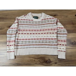 American Eagle Fair Isle Knit Sweater Beige Red Tan Cream Long Sleeve Crewneck - Picture 1 of 9