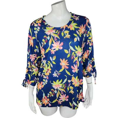 Blusa floral azul grande Caribbean Joe para mujer mangas 3/4 detalle de corbata nueva con etiquetas crucero Foto 1 de 4
