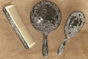 Vintage 3 piece Dresser Vanity Set Silver Plated Mirror, Brush and Comb (heavy) - Picture 1 of 13