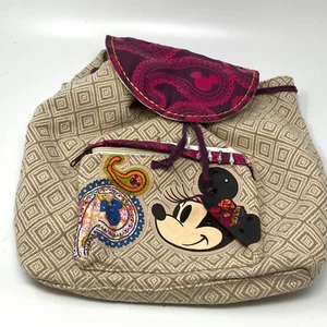 Disney Parks Minnie Mouse Boho Fabric Back Pack Beige White Beaded Trim Pocket - Picture 1 of 10