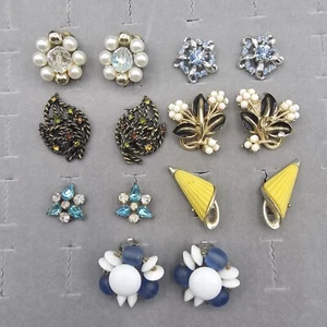 Vintage Clip On Earring Lot (7) Pairs Beaded Rhinestone Enamel Some Signed - Picture 1 of 13