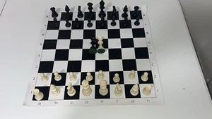 20" Chess Set Black Vinyl Board w/ Black & White Tournament Plastic Chess Pieces - Picture 1 of 10