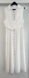ZARA WHITE SLEEVELESS COLLARED CUTWORK EMBROIDERY GATHERED WAIST DRESS SIZE XL - Imagen 1 de 17