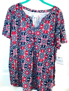 LIZ CLAYBOURNE TUNIC 1X Short Sleeve RED & BLUE allover print TOP NWTS - Picture 1 of 3