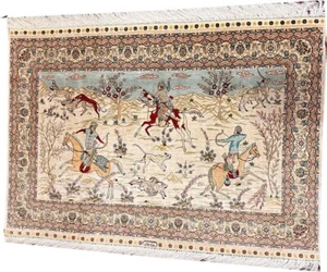 A Super 100% Silk Hunting Scene Genuine Signed Turkish Hereke Rug - Picture 1 of 7