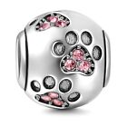 Pink Paw Print Pet Dog Footprint S925 Sterling Silver Bead Charm For Women