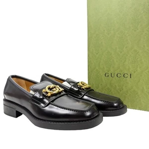 New Gucci Interlocking G Leather Logo Loafers Slip On Black Womens Size 40.5 - Picture 1 of 11