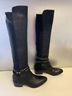 Sz 5 36 Black Knee High 50/50 Flat Boots Pull On Studded Ankle Strap