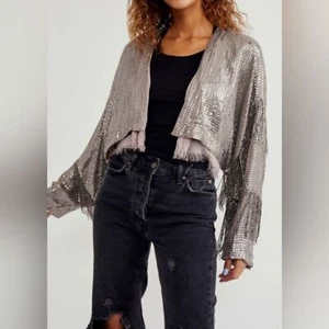 NEU FREE PEOPLE Baggy Gr. Small rosa Pailletten Fransen Seeigel Shrug Jacke Boho - Bild 1 von 14