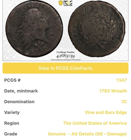 1793 Wreath 1C PCGS GENUINE Cover