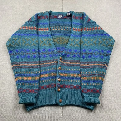 Vintage Gap Sweater Mens Small Wool Cardigan Nordic Fair Isle V Neck Button - Image 1 of 4
