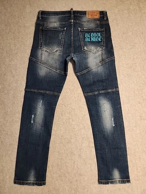 Raro Dsquared2 Slim Tidy Biker BE COOL BE NICE Denim Jean Hombres 36x29 Reparación Foto 1 de 4