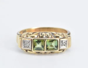 14K Art Deco Peridot Diamond Ornate Wedding Band Ring Yellow Gold *62 - Picture 1 of 6
