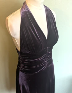 Purple Velvet Halter Neck Flared Party Dress Size 14 Gathered Bodice Hi Low Hem - Picture 1 of 21
