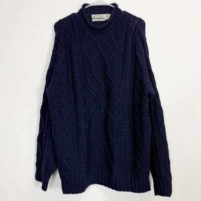 Aran Crafts Wool Sweater Mens Large Blue Irish Fisherman Shamrock Knit Mock Neck - Image 1 of 4