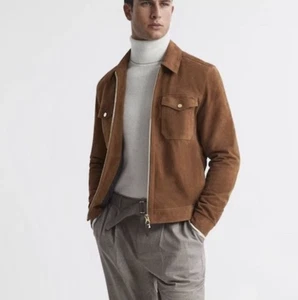 Reiss PIKE SUEDE ZIP-THROUGH TRUCKER JACKET IN TOBACCO Cafe Racer M Biker Preppy - Picture 1 of 7