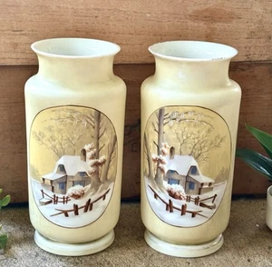 VTG Bristol England Pair Of Handpainted Florals Opalescent Vases 10"H - Picture 1 of 24