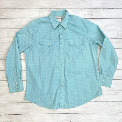 Camisa a Presión Wrangler Perla Perla Para Hombres XL Estampado Geométrico Azul Western Rodeo Foto 1 de 4