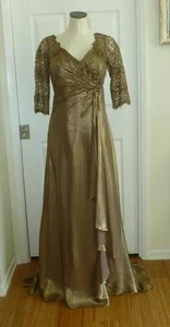 Montage Mon Cheri Silk Shantung Bronze & Beaded Lace Ruched Formal Gown 12 M L T - Picture 1 of 24