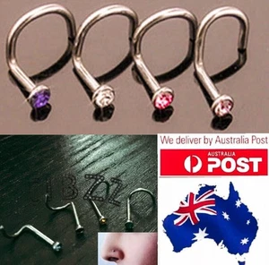 4x Nose Ring Stud Hook Twist Bar Rhinestone Surgical Steel Piercing Jewellery AU - Picture 1 of 5