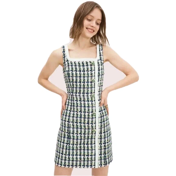 Vestido Kate Spade Talla 10 Enebro Línea Principal Tweed Azul y Verde Tejido Metálico Foto 1 de 4