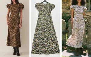 Damen Doen Rundhals Blumen Puffärmel A-Linie Midikleid - Bild 1 von 18