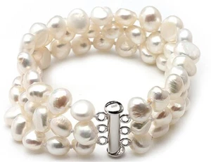 925 Sterling silver 8-9mm white baroque 3 rows natural freshwater pearl bracelet - Picture 1 of 1