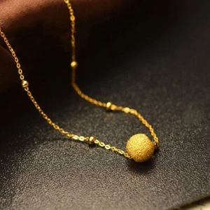 24K Gold Pendant 6mm frosted Ball with 18K Yellow Gold Rolo Chain 18inch - Picture 1 of 6