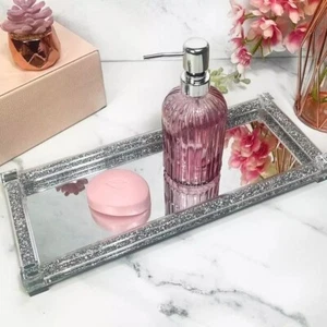 Silver Crushed Diamond Crystal Filled Mirror Vanity Tray For Canister Kitchen - Picture 1 of 13