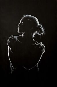 Original art acrylic painting on canvas Woman black artwork sensitive 16"x24"