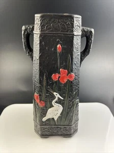 Vintage Japanese Black TOKANABE w/ Cranes & Irises 9 1/2" Handled Vase 1920-1940 - Picture 1 of 12