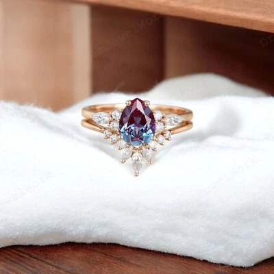 14k Yellow Gold 7x5MM Pear Shape Alexandrite Cubic Zirconia Ring Bridal Ring Set - Image 1 of 4